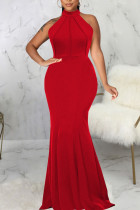 Rotes, elegantes, solides Patchwork mit halbem Rollkragen-Abendkleid