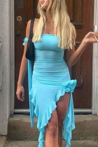Vestido de malla sin tirantes asimétrico con apliques de retazos sólidos sexy azul Vestidos