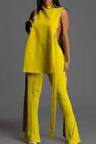 Yellow Elegant Solid Bandage Hollowed Out Sleeveless Two Pieces