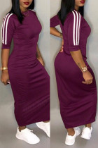 Purple Casual Solid Patchwork O Neck Straight Dresses