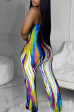 Colour Sexy Print Patchwork Spaghetti Strap Straight Jumpsuits