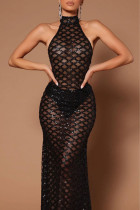 Negro sexy elegante sólido taladro caliente medio cuello alto vestido de encaje Vestidos