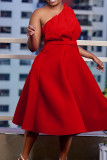 Vestido de noche de cuello oblicuo con pliegues de patchwork sólido elegante rojo Vestidos
