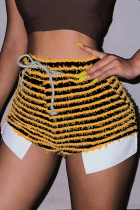 Lápis de cintura alta amarelo sexy listrado patchwork desenho cordão fino