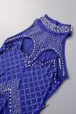 Blaue sexy Patchwork Hot Drilling Quaste ausgehöhlt durchsichtige ärmellose Kleider mit Rollkragen