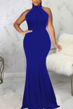 Темно-синее элегантное однотонное вечернее платье в стиле пэчворк с высоким воротником