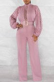 Roze Casual Effen Uitgehold Lapwerk Halve coltrui Normale jumpsuits
