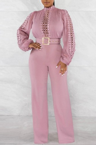 Pink Casual Solid Hollowed Out Patchwork Half A Turtleneck Regular Jumpsuits