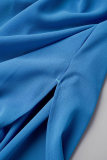 Colletto della camicia con bottoni solidi casual blu a maniche lunghe in due pezzi