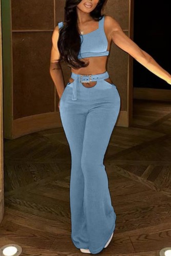 Light Blue Sexy Casual Solid Hollowed Out Backless U Neck Sleeveless Two Pieces