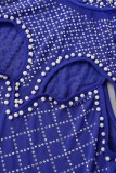 Bleu Sexy Patchwork Hot Drilling Tassel Creusé Transparent Col Roulé Robe Sans Manches Robes