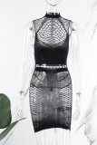 Black Sexy Solid Hollowed Out See-through Half A Turtleneck Sleeveless Dress Dresses