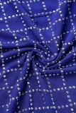 Bleu Sexy Patchwork Hot Drilling Tassel Creusé Transparent Col Roulé Robe Sans Manches Robes