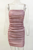 Pink Sexy Solid Fold Rhinestone Square Collar A Line Dresses