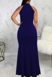 Dark Blue Elegant Solid Patchwork Half A Turtleneck Evening Dress Dresses