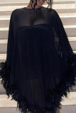 Vestido irregular con cuello en O asimétrico con plumas transparentes de patchwork sólido sexy negro Vestidos
