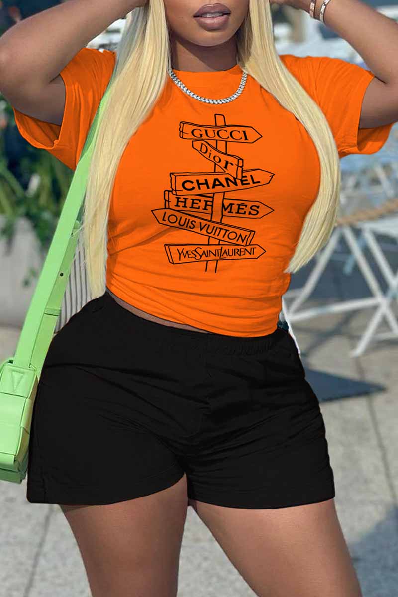 

Orange Casual Print Letter O Neck Short Sleeve Two Pieces