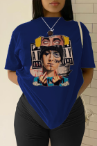 T-shirt con scollo a O patchwork con stampa di strada casual blu navy