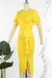 Yellow Casual Solid Patchwork Flounce Slit O Neck One Step Skirt Dresses