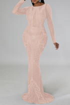 Абрикосовое сексуальное твердое лоскутное прозрачное вечернее платье с круглым вырезом и горячей дрелью Платья