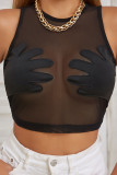 Black Sexy Solid See-through O Neck Tops