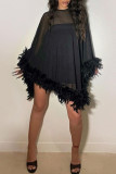 Black Sexy Solid Patchwork See-through Feathers Asymmetrical O Neck Irregular Dress Dresses