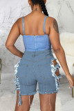 Donkerblauwe Sexy Street Solid Ripped Make Old Patchwork Denim Shorts met hoge taille