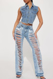 Himmelblaue Street Solid Ripped Make Old Patchwork Denim Jeans mit hoher Taille