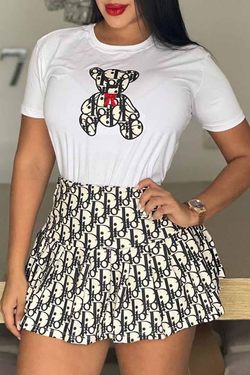 

White Street Print Letter O Neck Short Sleeve Two Pieces