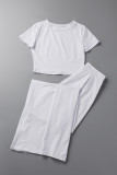 White Casual Solid Basic O Neck Short Sleeve Two Pieces