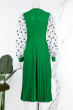 Green Casual Dot Print Hollowed Out Patchwork O Neck Pleated Dresses