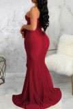 Vestido de noite vermelho sexy elegante sólido patchwork fenda assimétrico fora do ombro