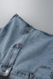 Hellblaue, lässige, solide Patchwork-Röcke mit hoher Taille und dünnem Denim