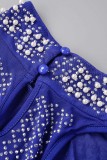 Blaue sexy Patchwork Hot Drilling Quaste ausgehöhlt durchsichtige ärmellose Kleider mit Rollkragen