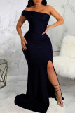 ブルー セクシー エレガント ソリッド パッチワーク スリット 非対称 オフショルダー イブニングドレス ドレス