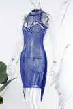 Синее сексуальное лоскутное платье с горячим вырезом и кисточками, прозрачное платье без рукавов