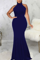 Темно-синее элегантное однотонное вечернее платье в стиле пэчворк с высоким воротником