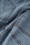 Hellblaue, lässige, solide Patchwork-Röcke mit hoher Taille und dünnem Denim