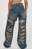 Marineblaue, solide, zerrissene Patchwork-Denim-Jeans mit hoher Taille