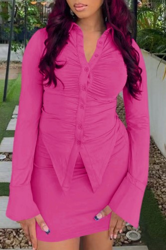 Rose Red Casual Solid Fold Turndown Collar Long Sleeve Two Pieces