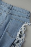 Dark Blue Sexy Street Solid Make Old Patchwork High Waist Distressed Ripped Denim Shorts
