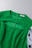 Groene casual stippenprint uitgeholde patchwork jurken met ronde hals en plooien