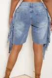 Pantalones cortos de mezclilla rectos de cintura alta con borlas rasgadas de calle azul claro