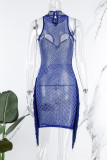 Blå Sexig Patchwork Hot Drilling Tofs urholkad Genomskinlig turtleneck ärmlösa klänningar
