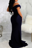 Blue Sexy Elegant Solid Patchwork Slit Asymmetrical Off the Shoulder Evening Dress Dresses