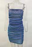 Blauwe sexy effen gevouwen strass vierkante kraag A-lijn jurken