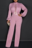 Pink Casual Solid Hollowed Out Patchwork Half A Turtleneck Regular Jumpsuits