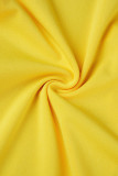 Vestidos de falda de un paso con cuello en O con abertura de volante de patchwork sólido casual amarillo