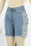 Shorts jeans azul escuro sexy street sólido rasgado make old patchwork cintura alta