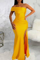 Желтое сексуальное элегантное однотонное лоскутное платье с разрезом, асимметричное вечернее платье с открытыми плечами, платья